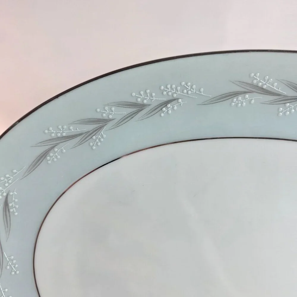Noritake Sheldon Serving Platter 14 Inch White with Aqua Band and White Flowers